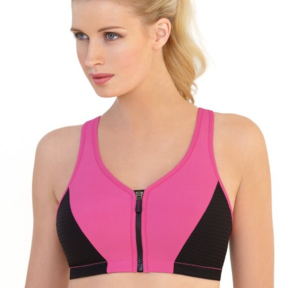 Glamorise SPORT Bra 42B (HIGH-IMPACT) Wicks! (RACERBACK) T-Back Zip-Up PINK New - Picture 13 of 16